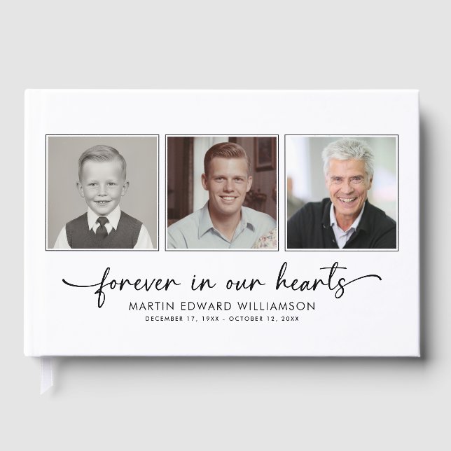 Minimalist Forever in our Hearts 3 Photos Funeral Guest Book (Front)