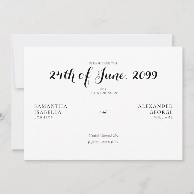 Minimalist Formal Black & White Timeless Wedding Save The Date (Front)