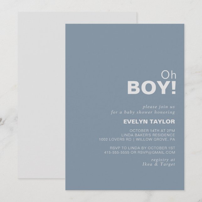 Minimalist Formal Blue Oh Boy Baby Shower   Invitation (Front/Back)