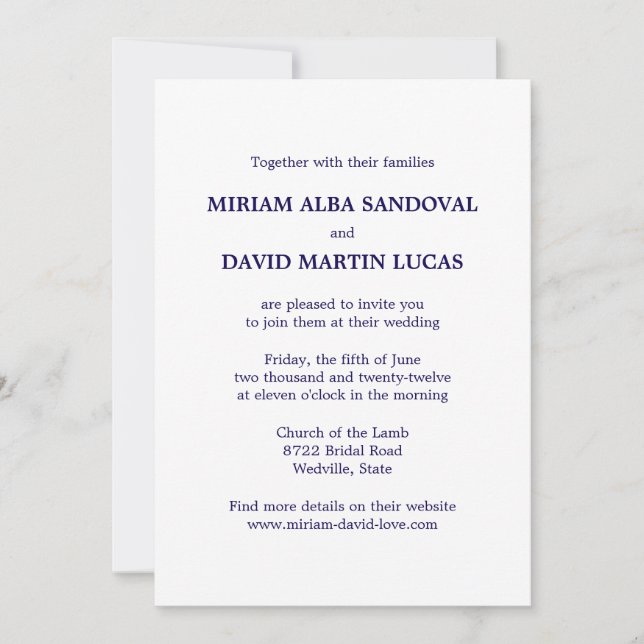 Minimalist Formal Blue Text Wedding Invitation (Front)
