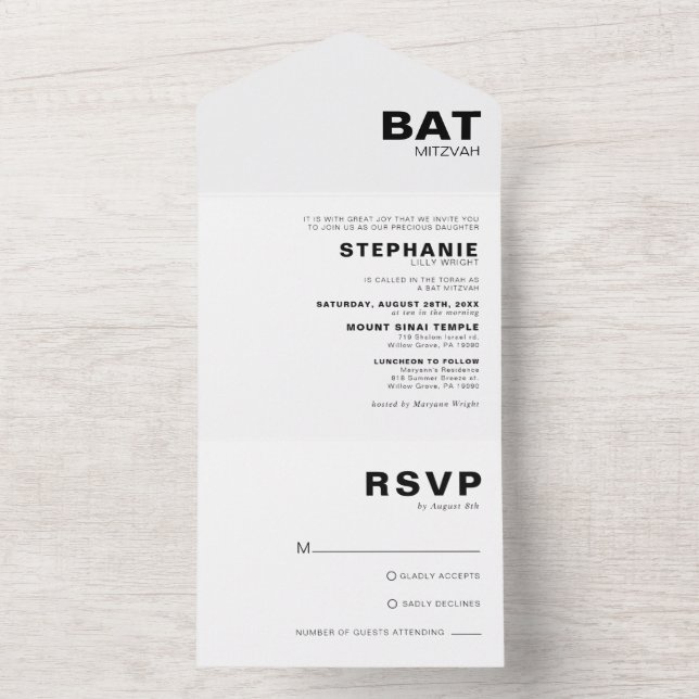 Minimalist Formal Elegant Bat Mitzvah  All In One Invitation (Inside)