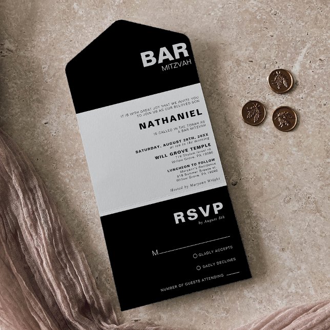 Minimalist Formal Elegant Black Bar Mitzvah   All In One Invitation (Creator Uploaded)