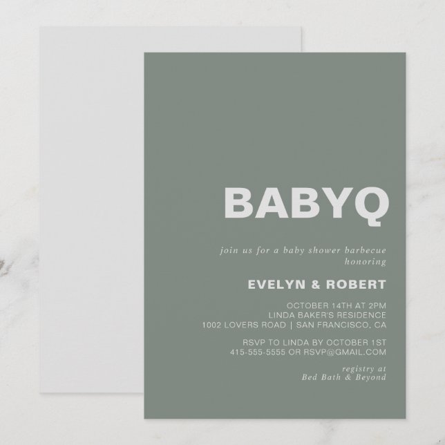 Minimalist Formal Green BabyQ Baby Shower Barbecue Invitation (Front/Back)