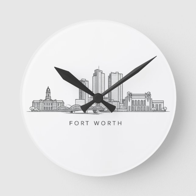 Minimalist Fort Worth Skyline Line Art Round Clock (Front)