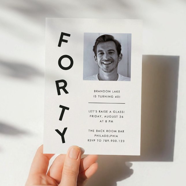 Minimalist Forty Black + White 40th Birthday Party Invitation (minimalist, modern, black-and-white 40th birthday party invitation for men)