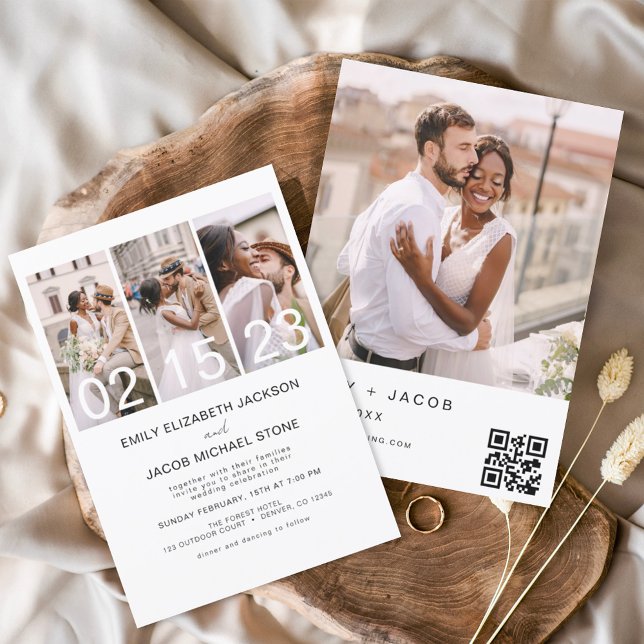 Minimalist Four Photo QR code Wedding Invitation (Creator Uploaded)
