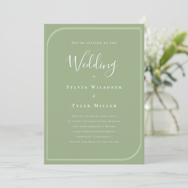 Minimalist Frame Sage Green Wedding Invitation (Standing Front)