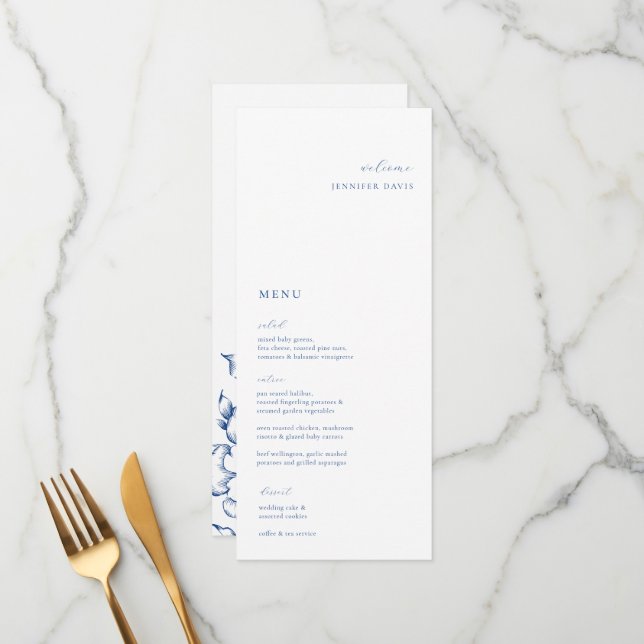 Minimalist French Blue Floral Place Card Menu (Front/Back In Situ)