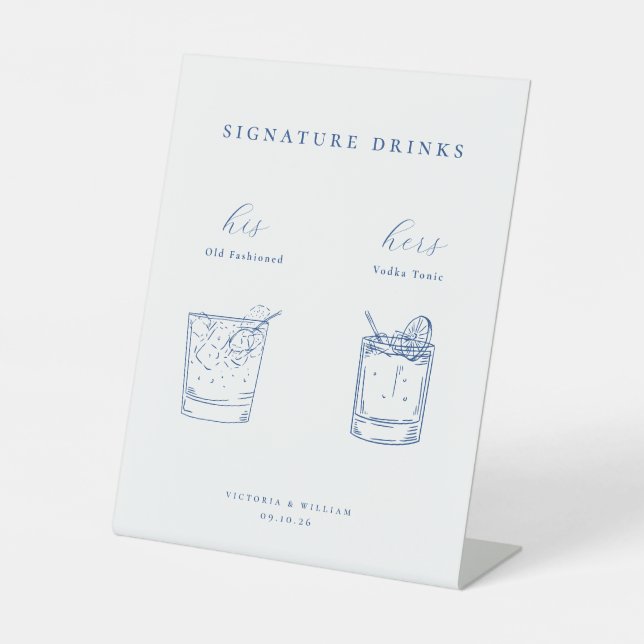 Minimalist French Blue Wedding Signature Drinks Pedestal Sign (Front)