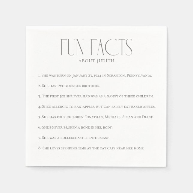 Minimalist Fun Facts Birthday Napkin (Front)