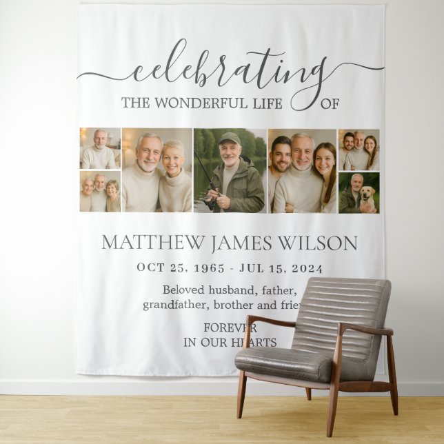 Minimalist Funeral Celebration Life Photo Collage Tapestry (In Situ)