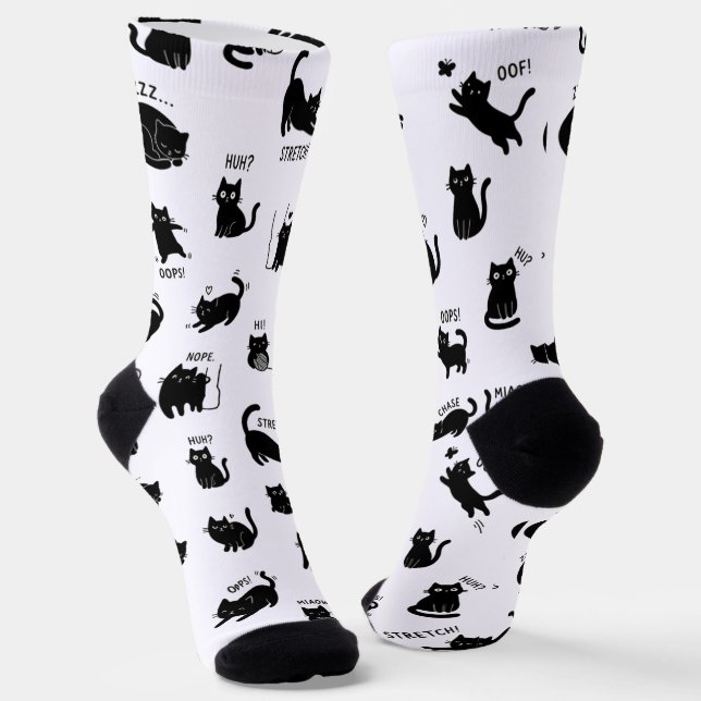 Minimalist Funny Black Cats Pattern  Socks (Angled)