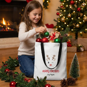 Minimalist funny cute reindeer christmas tote bag