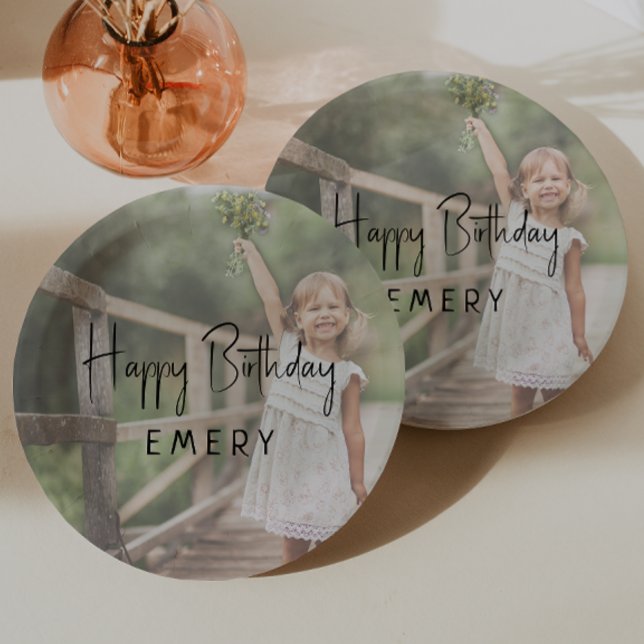 Minimalist Gender Neutral Happy Birthday Photo Paper Plate (Creator Uploaded)