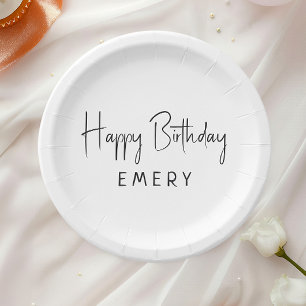 Minimalist Gender Neutral Happy Birthday With Name Paper Plate