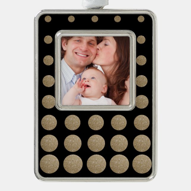 minimalist geometric black gold glitter polka dots silver plated framed ornament (Front)