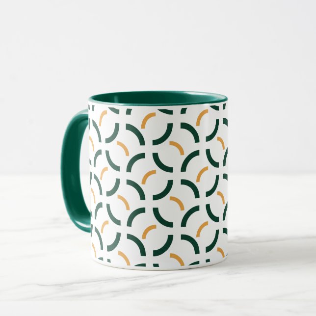 Minimalist Geometric Forest Green and Mustard Arcs Mug (Front Left)