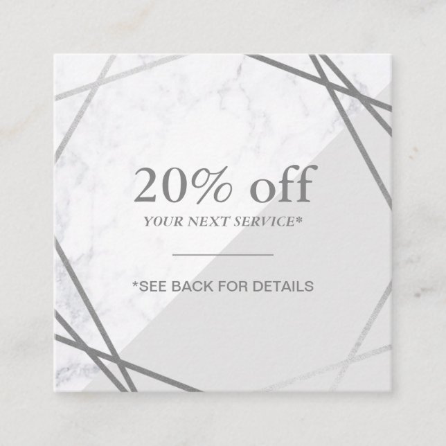 Minimalist Geometric Marble Grey Silver Discount Square Business Card (Front)