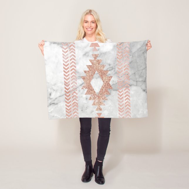 minimalist geometric rose gold aztec white marble fleece blanket (In Situ)