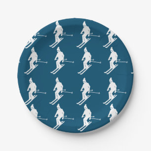 Minimalist Geometric Skiers Winter Blue White Paper Plate