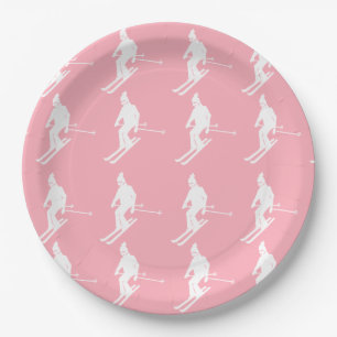 Minimalist Geometric Skiers Winter Pink White Paper Plate