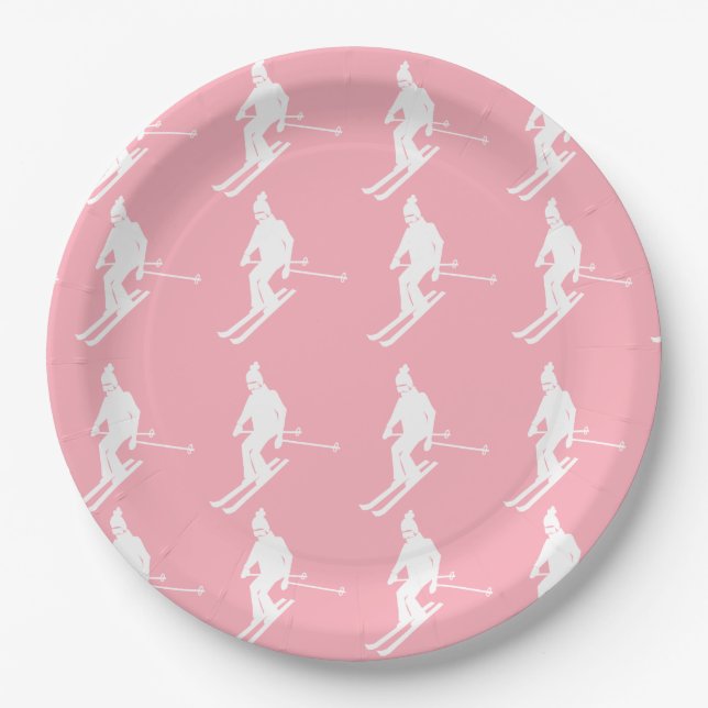 Minimalist Geometric Skiers Winter Pink White    Paper Plate (Front)