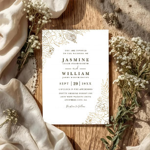 Minimalist Gilded Line Floral Gold QR Code Wedding Invitation