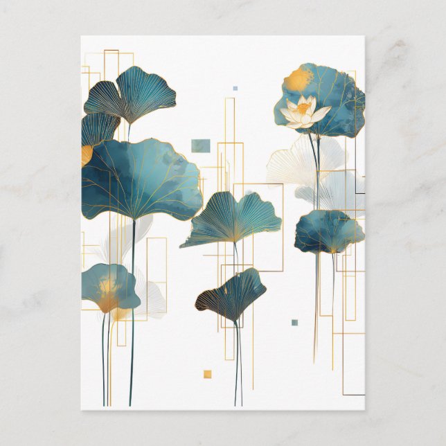Minimalist Ginkgo Lotus Zen Line Announcement Postcard (Front)