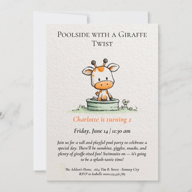 Minimalist Giraffe Pool Party Invitation (Front)
