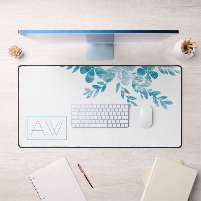 Minimalist Girl Boss Blue Floral Monogram Desk Mat (Office 1)