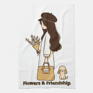 Minimalist Girl with Poodle and Wildflowers Tea Towel