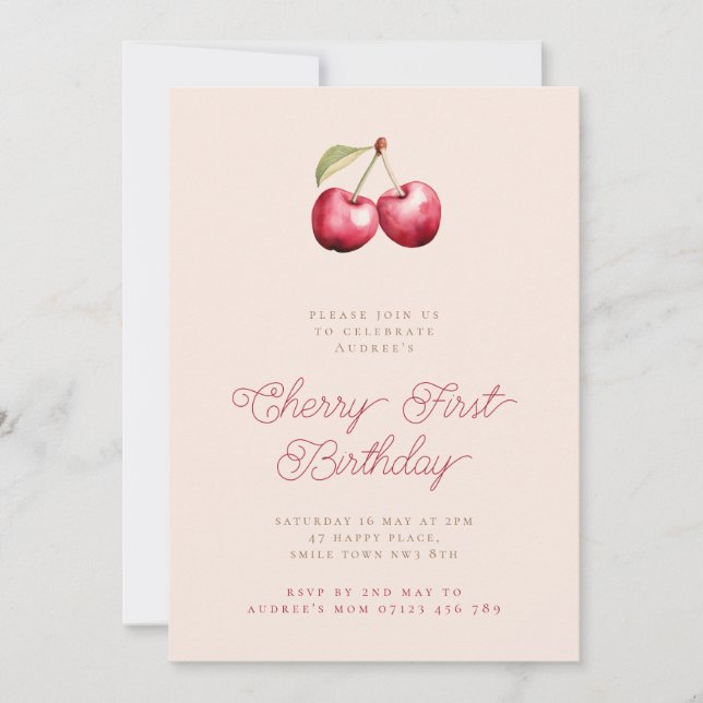 Minimalist Girls Cherry First Birthday Party Invitation (Front)