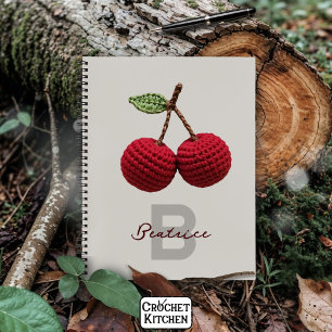 Minimalist Girly Crochet Red Cherry Monogram Name Notebook