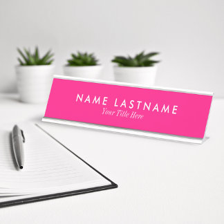 Minimalist Girly Feminine Bright Pink Custom Desk Name Plate