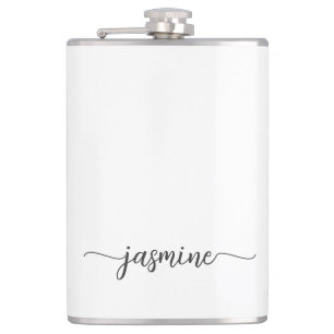 Minimalist Girly White Monogram Name Script Hip Flask