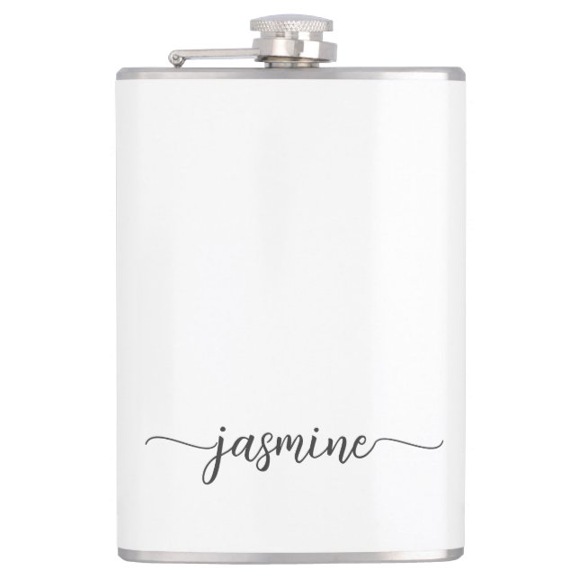 Minimalist Girly White Monogram Name Script Hip Flask (Front)