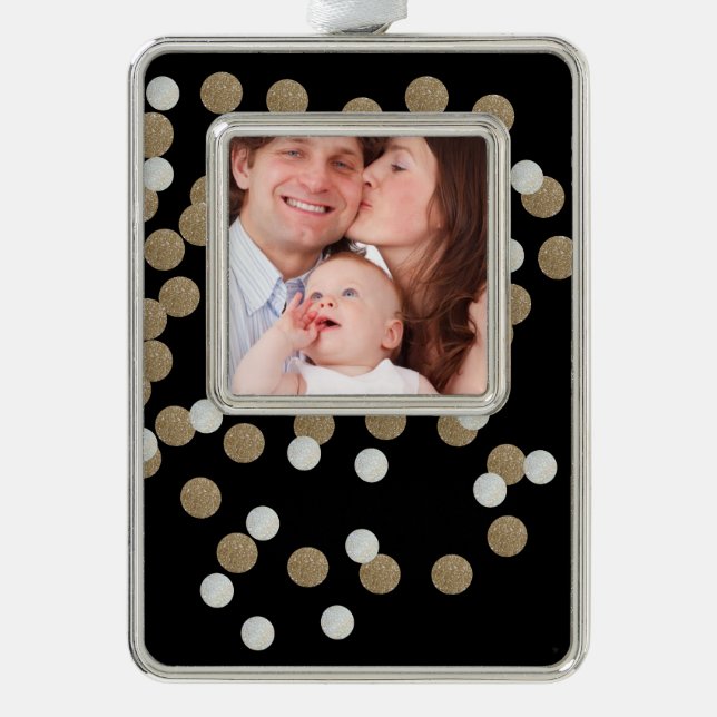 minimalist glitter black champagne gold confetti silver plated framed ornament (Front)