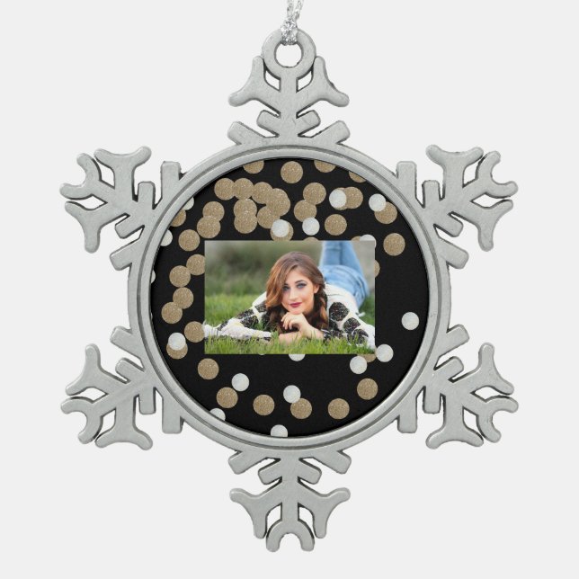 minimalist glitter black champagne gold confetti snowflake pewter christmas ornament (Front)