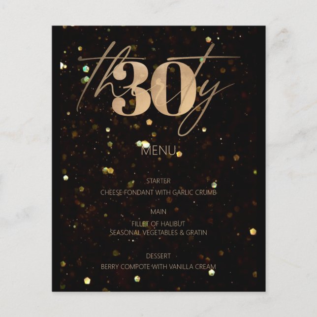 Minimalist Gold 30th Budget Birthday Party Menu (Front)