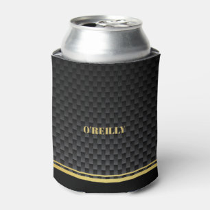 Minimalist Gold and Black Carbon Pattern Monogram Can Cooler