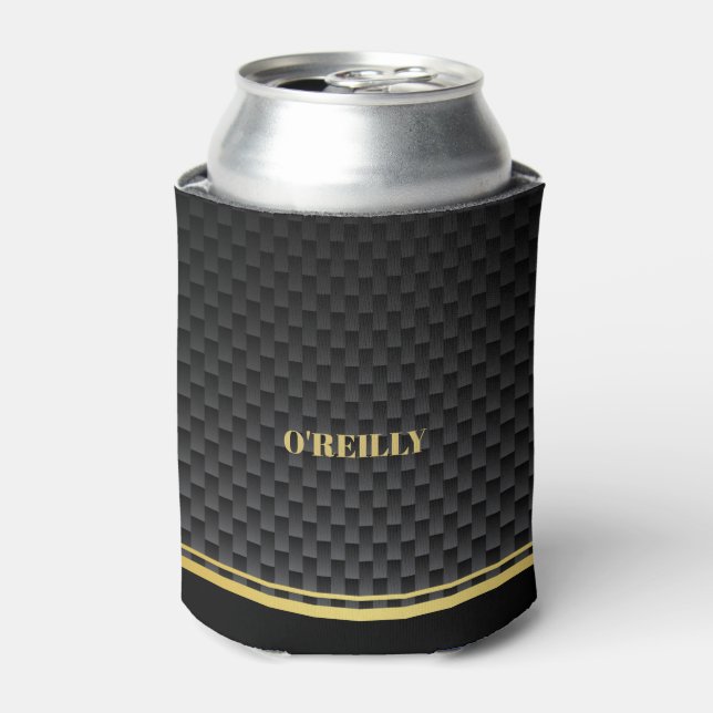 Minimalist Gold and Black Carbon Pattern Monogram Can Cooler (Can Front)