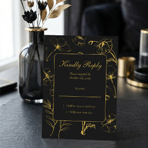 Minimalist Gold and Black Floral 30th Birthday RSVP Card