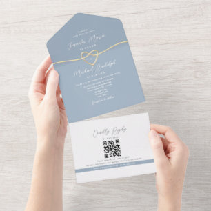 Minimalist Gold and Dusty Blue Wedding All In One Invitation