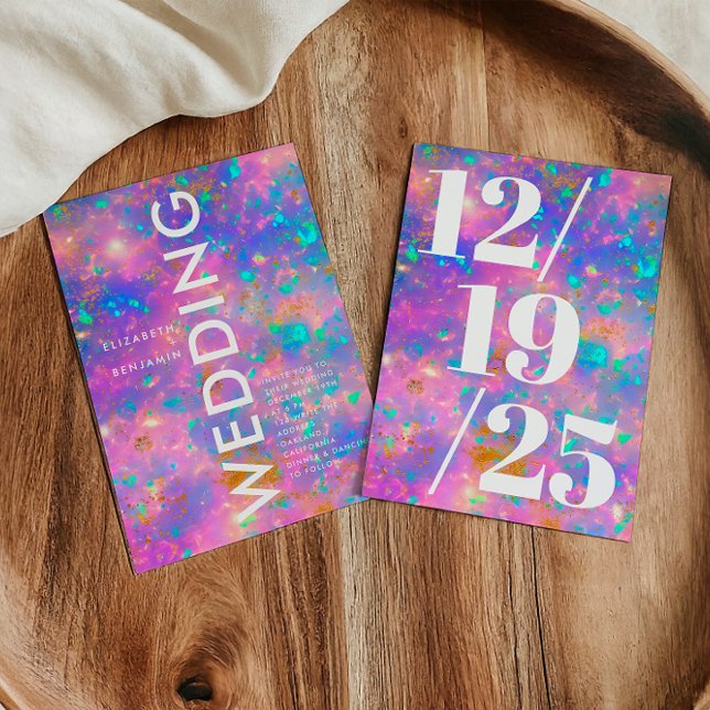 Minimalist Gold and Opal Bold Pink Chic Wedding Invitation (Creator Uploaded)