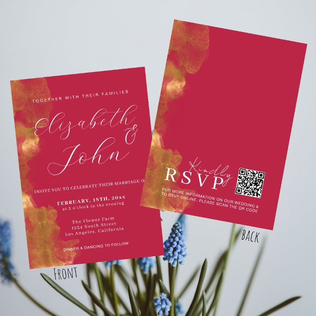 Minimalist Gold And Pink Red Magenta Wedding Invitation (Creator Uploaded)