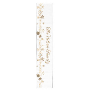 Minimalist Gold and White Snowflake Family Name Medium Table Runner