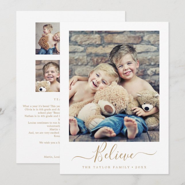 Minimalist Gold Believe Year In Review Portrait Holiday Card (Front/Back)