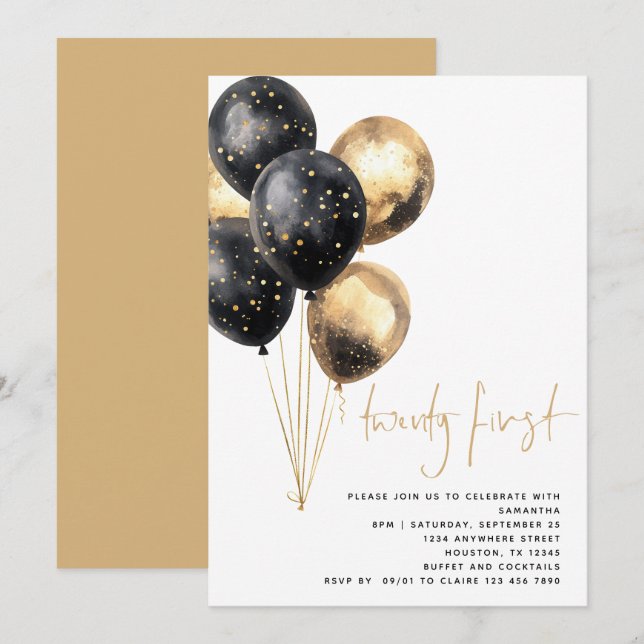 Minimalist Gold Black Balloons 21st Party Invitation (Front/Back)