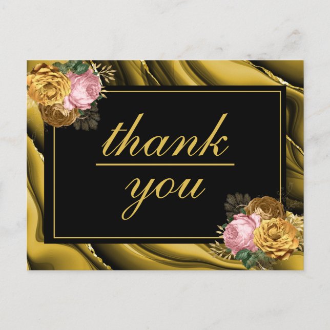 Minimalist Gold Black Floral Wedding Thank You Postcard (Front)