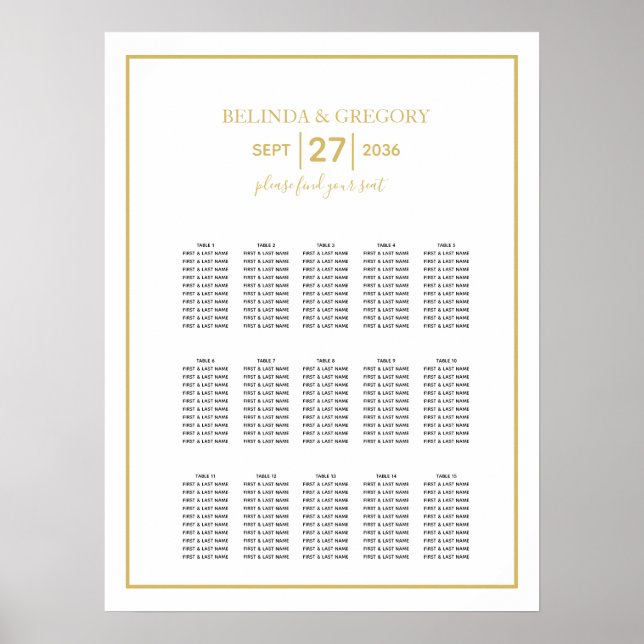 Minimalist Gold Black White Wedding Seating Chart (Front)